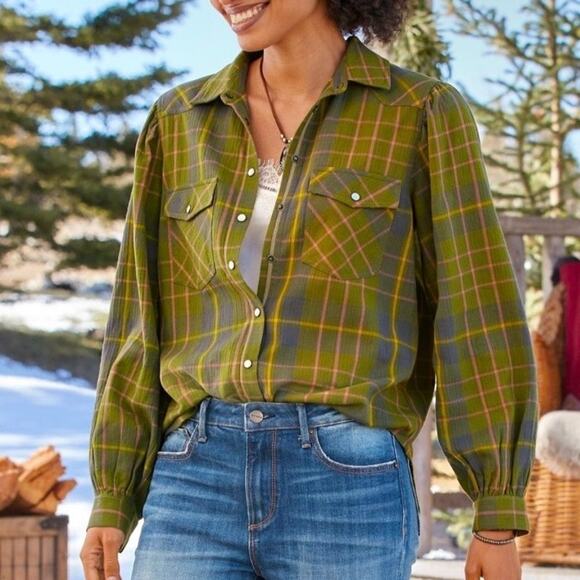 Sundance Sz M Lenora Plaid Flannel Pearl-snap Button-down Shirt Cotton Western - Picture 4 of 16